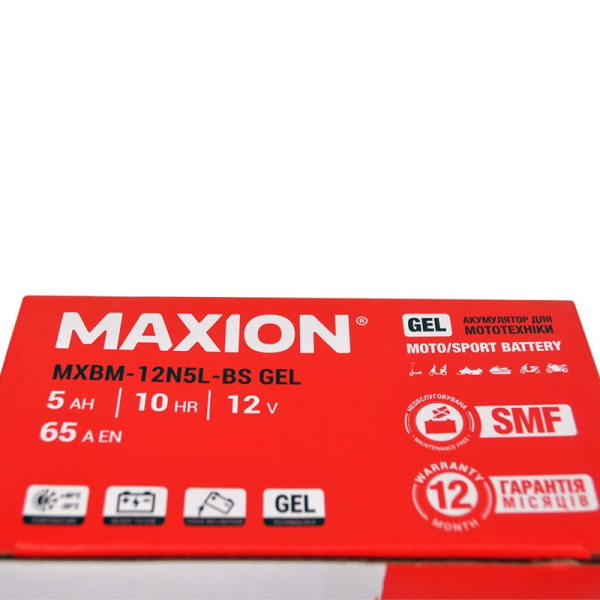 Акумулятор для мото гелевий MAXION 5 Ah 12V 65 А (-/+) 119*60*129 мм (MXBM-12N5L-BS (GEL)