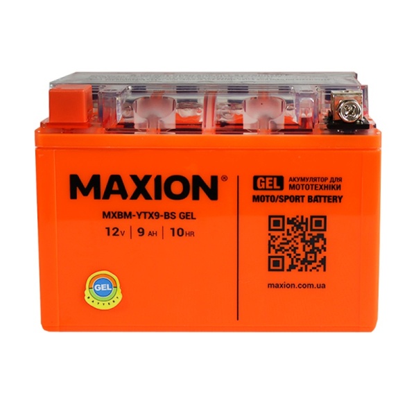 Аккумулятор гелевый для мото MAXION 9 Ah 12 V 120 А (+/-) 150*87*107 мм (MXBM-YTX9-BS GEL)